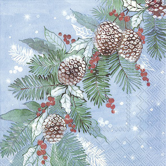 Frosted Pine Light Blue Fircones Berries IHR Paper Lunch Napkins 33 cm sq 3 ply 20 pack