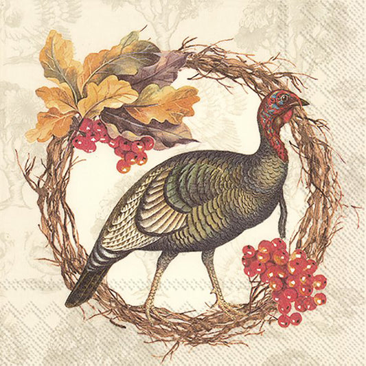 Thanksgiving Turkey Linen Leaves Berries Wreath IHR Paper Lunch Napkins 33 cm sq 3 ply 20 pack
