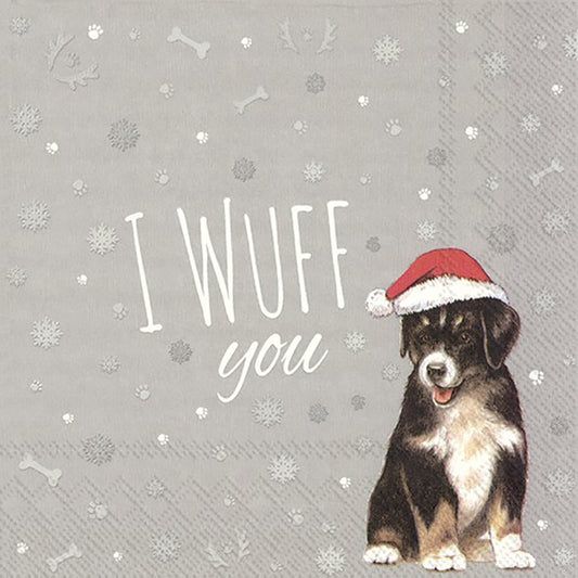 I Wuff You Grey Christmas Dog IHR Paper Lunch Napkins 33 cm sq 3 ply 20 pack