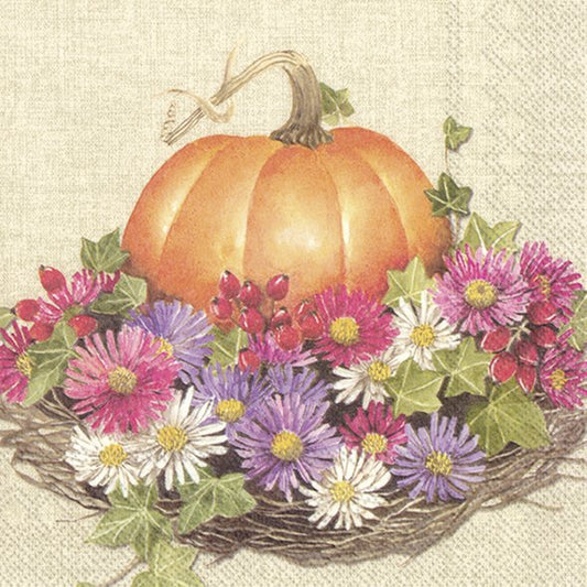 Be Thankful Linen Pumpkin Flowers IHR Paper Lunch Napkins 33 cm sq 3 ply 20 pack