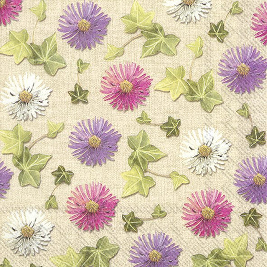 Autumn Asters Linen Ivy Flowers IHR Paper Lunch Napkins 33 cm sq 3 ply 20 pack