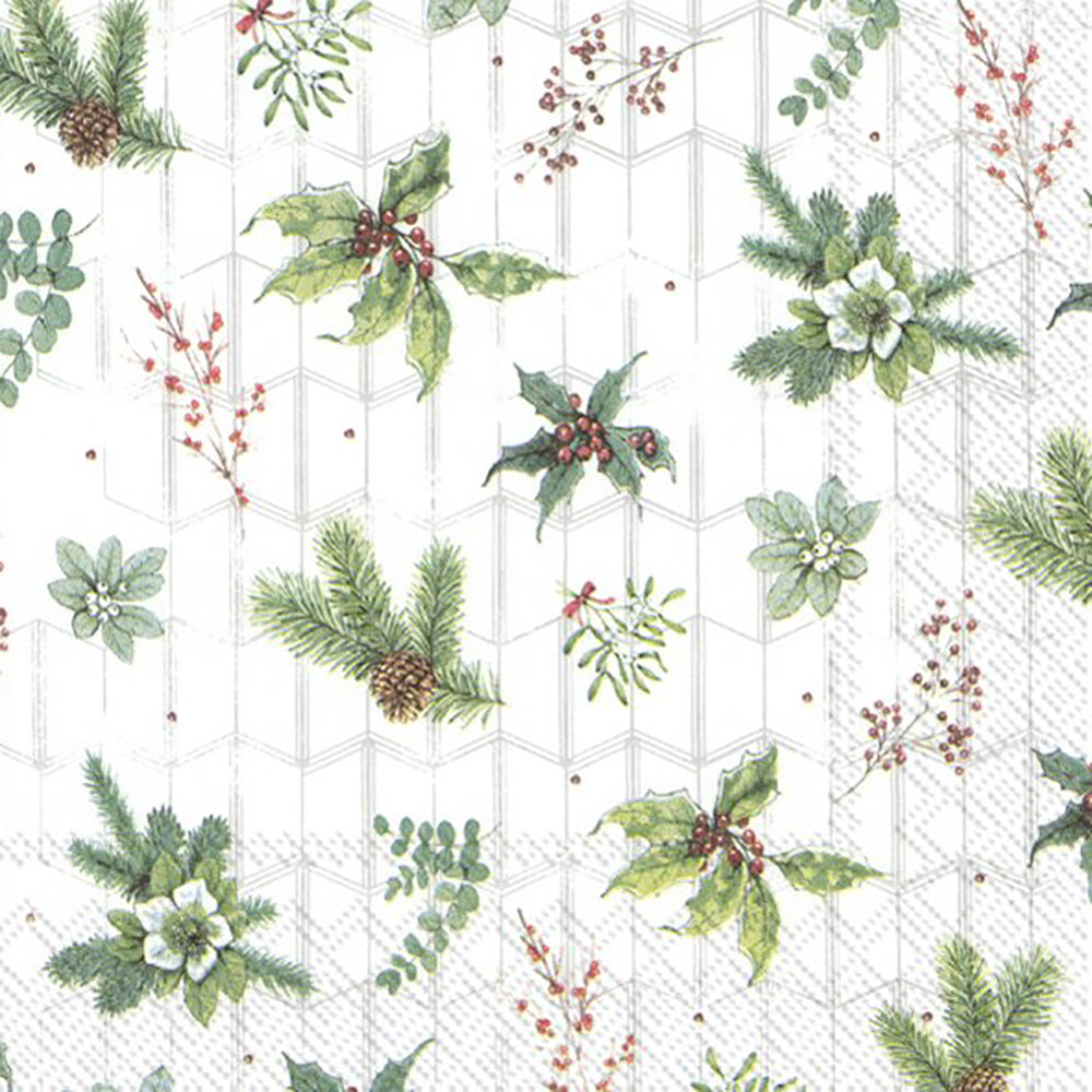 White Xmas Greenery Green Leaves IHR Paper Lunch Napkins 33 cm sq 3 ply 20 pack
