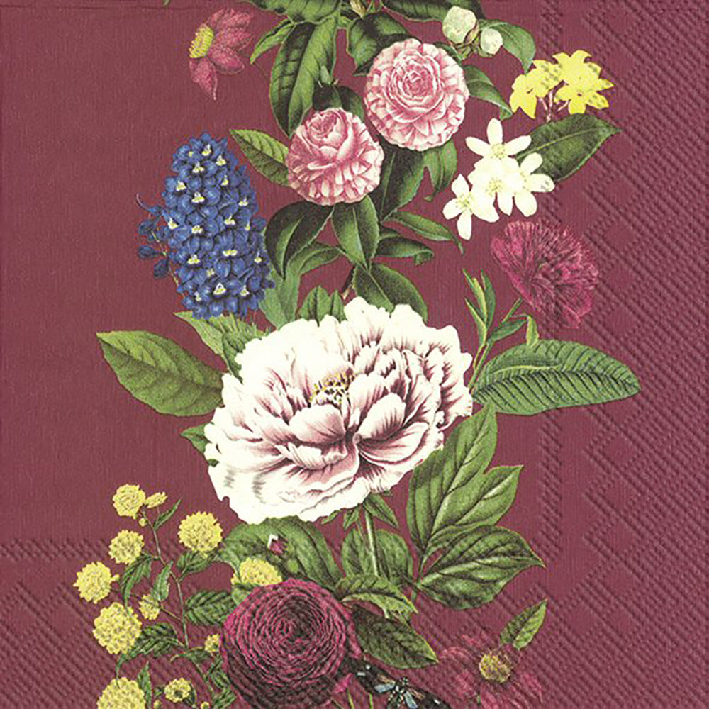 Magdalene Bordeaux Flowers IHR Paper Lunch Napkins 33 cm sq 3 ply 20 pack