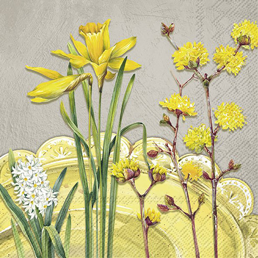 NANCY Grey Yellow Flowers IHR Paper Lunch Napkins 33 cm sq 3 ply 20 pack