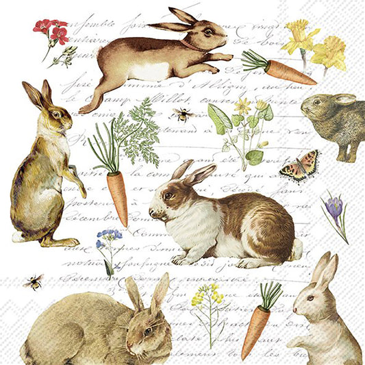 HARE HUNT Rabbits Flowers IHR Paper Lunch Napkins 33 cm sq 3 ply 20 pack