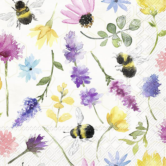 SUMMER BEES White Multicoloured Flowers IHR Paper Lunch Napkins 33 cm sq 3 ply 20 pack