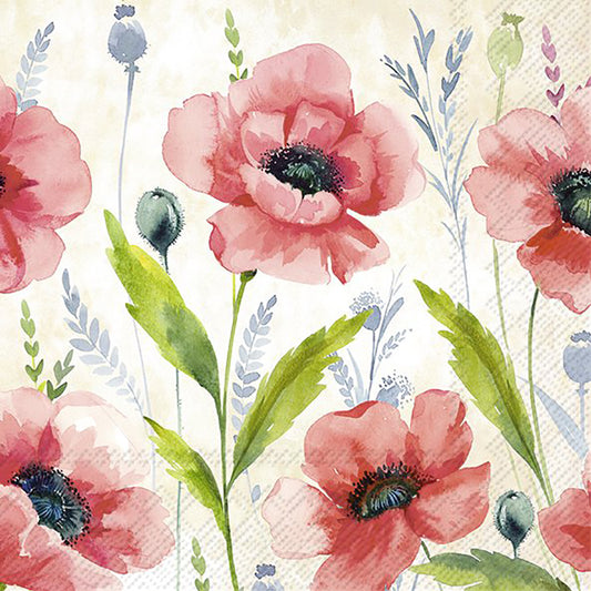 MOHANA Cream Red Poppies IHR Paper Lunch Napkins 33 cm sq 3 ply 20 pack