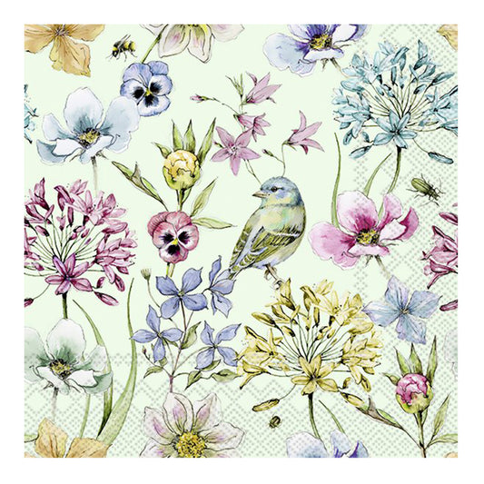Freya Green Birds and Flowers IHR Paper Lunch Napkins 33 cm sq 3 ply 20 pack