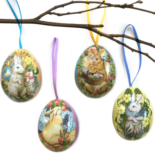 Madame Treacle Rabbit Mini Eggs set of 4 tin Easter Eggs 110 x 67 x 65mm which open and have hanging ribbons