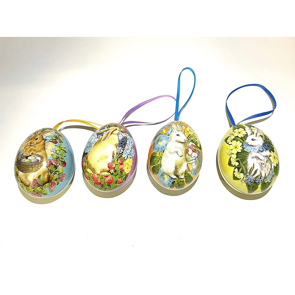 Madame Treacle Rabbit Mini Eggs set of 4 tin Easter Eggs 110 x 67 x 65mm which open and have hanging ribbons