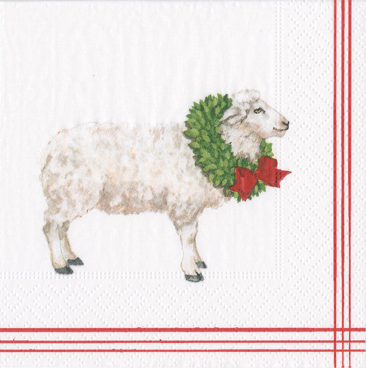 Sheep with Wreath by Katharine Barnwell white Christmas Caspari Paper Cocktail Napkins 25 cm square 3 ply 20 pack
