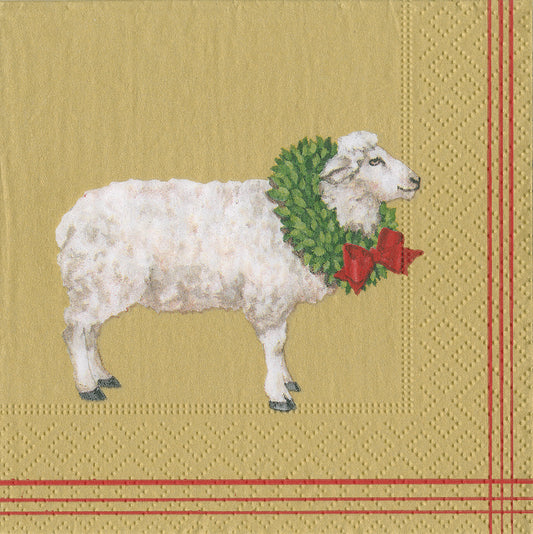 Sheep with Wreath by Katharine Barnwell gold Christmas Caspari Paper Cocktail Napkins 25 cm square 3 ply 20 pack
