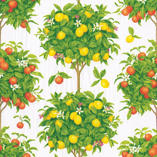 White Citrus Topiarie Lemons and Oranges Caspari Paper Cocktail Napkins 25 cm square 3 ply 20 pack