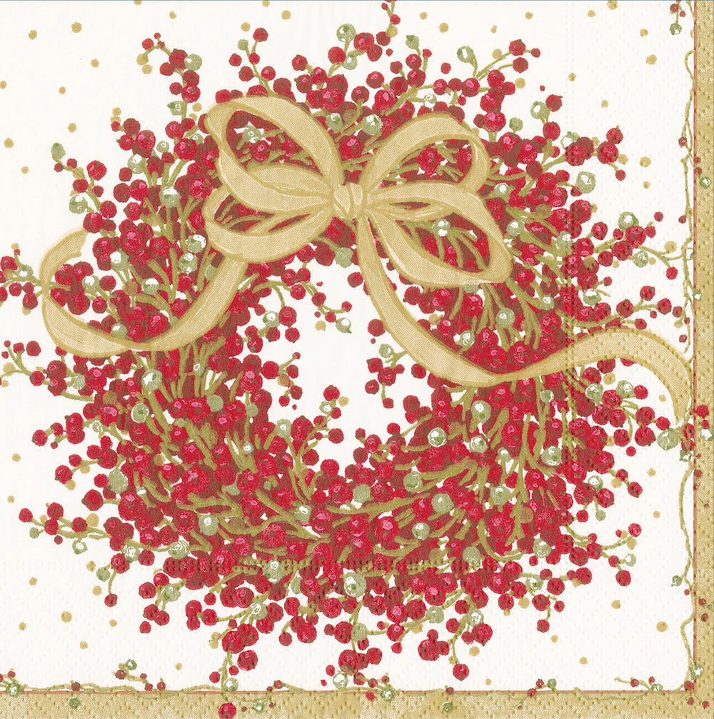 Pepperberry Wreath Red Christmas Caspari Paper Dinner Napkins 40 cm square 3 ply 20 pack