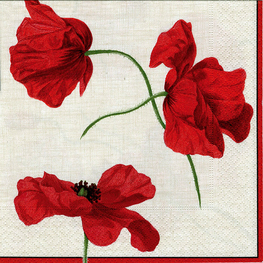 Dancing Poppies Ivory Red Caspari Paper Lunch Napkins 33 cm sq 3 ply 20 pack