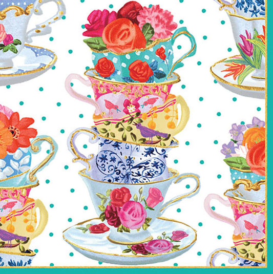 Tea Cups White Blue Spots Flowers Caspari Paper Lunch Napkins 33 cm sq 3 ply 20 pack