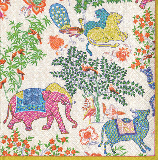 Les Jardins De Mysore Linen Elephants Animals Caspari Paper Lunch Napkins 33 cm sq 3 ply 20 pack