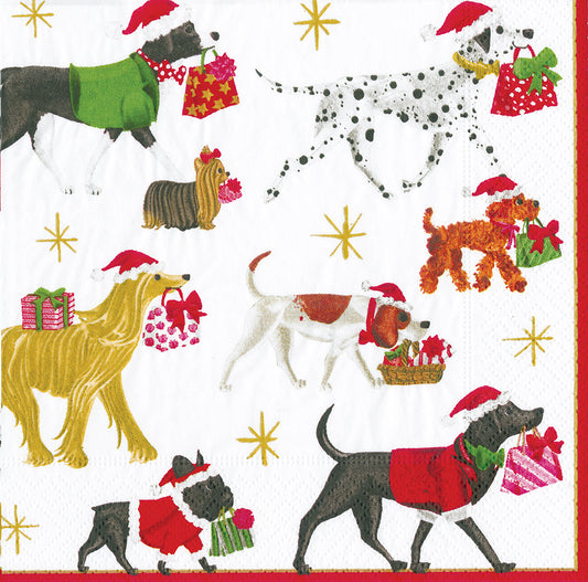 Christmas Delivery White Dogs Presents Caspari Paper Lunch Napkins 33 cm sq 3 ply 20 pack
