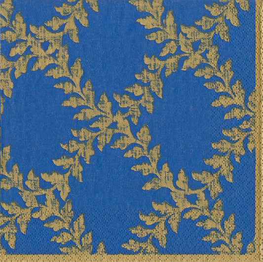 Acanthus Trellis Blue Gold Patterned Caspari Paper Lunch Napkins 33 cm sq 3 ply 20 pack