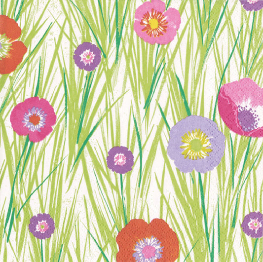 Flowers and Grasses Green Purple Pink Caspari Paper Lunch Napkins 33 cm sq 3 ply 20 pack