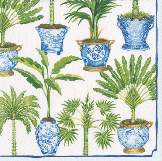 Potted Palms White Blue Caspari Paper Lunch Napkins 33 cm sq 3 ply 20 pack