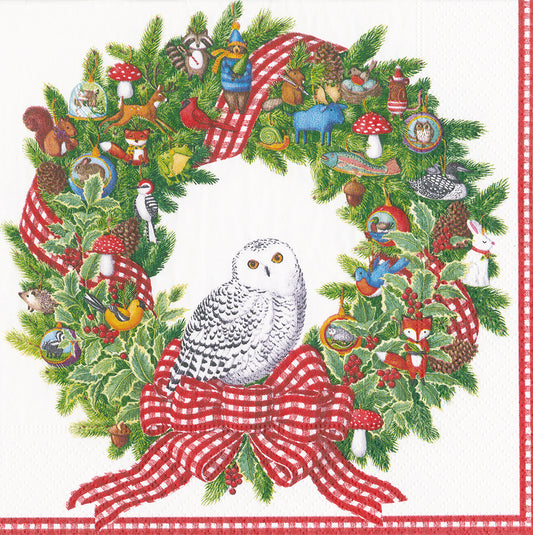 Snowy Owl Wreath Christmas Caspari Paper Lunch Napkins 33 cm sq 3 ply 20 pack