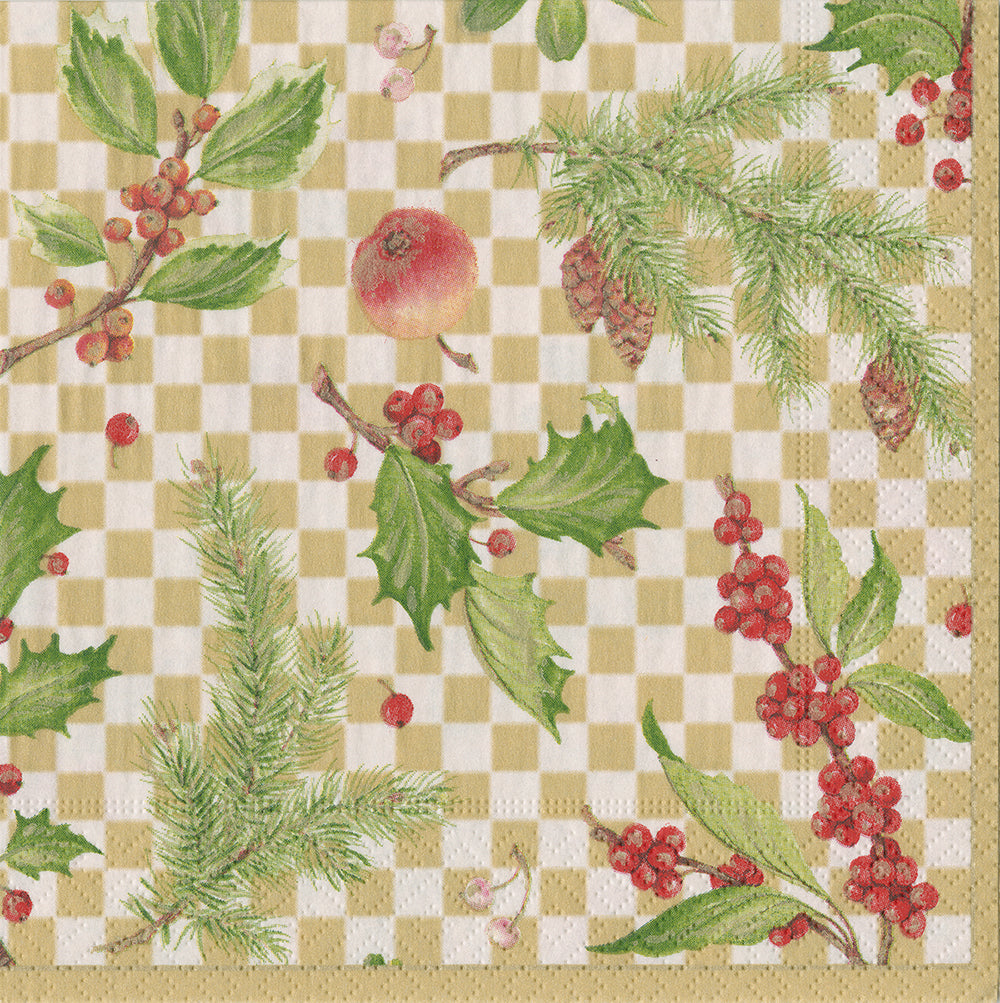 Christmas Cuttings Gold Holly Berries Caspari Paper Lunch Napkins 33 cm sq 3 ply 20 pack