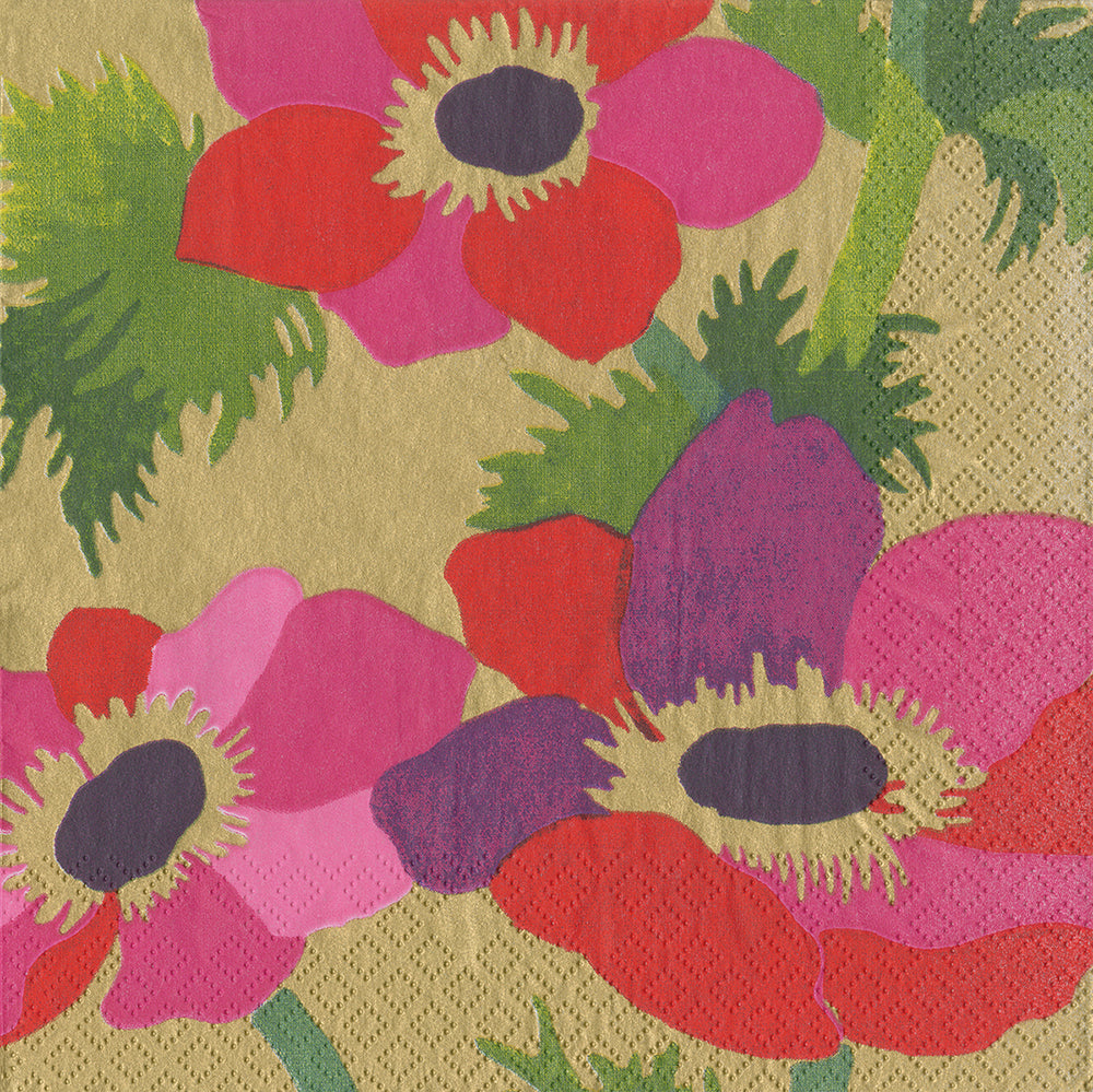 Poiret Floral Gold Pink Flowers Caspari Paper Lunch Napkins 33 cm sq 3 ply 20 pack