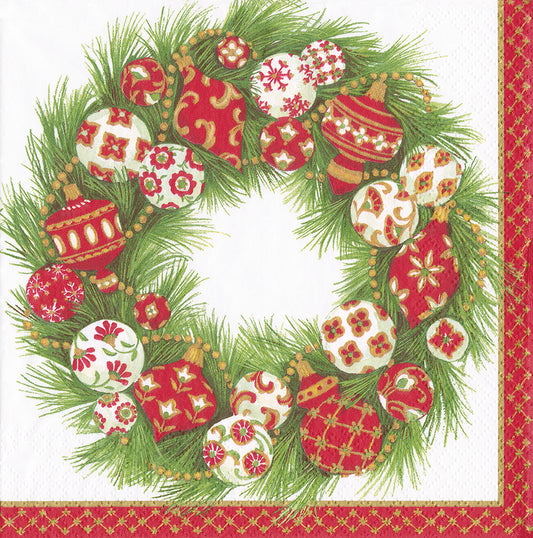 Ornament Wreath by Janine Moore Red Green Christmas Baubles Caspari Paper Lunch Napkins 33 cm sq 3 ply 20 pack