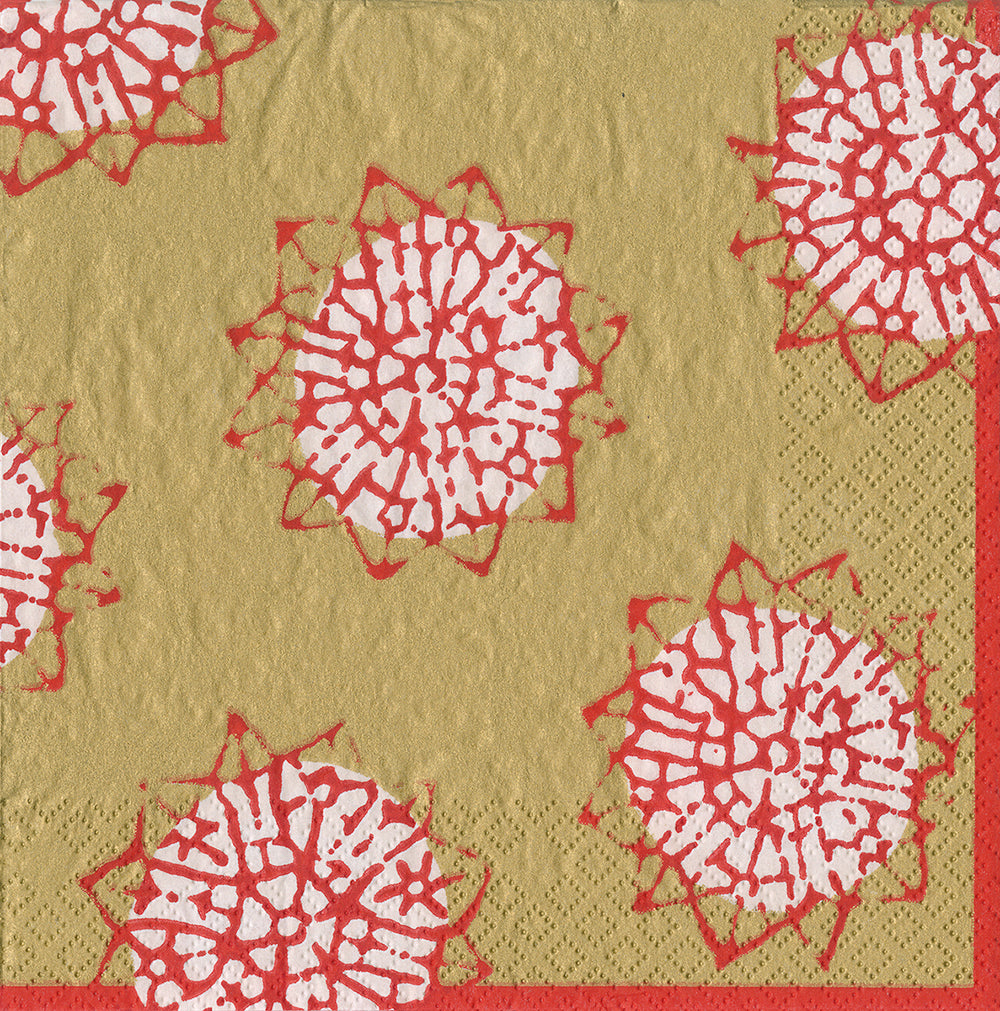 Block Print Stars Red Gold Caspari Paper Lunch Napkins 33 cm sq 3 ply 20 pack