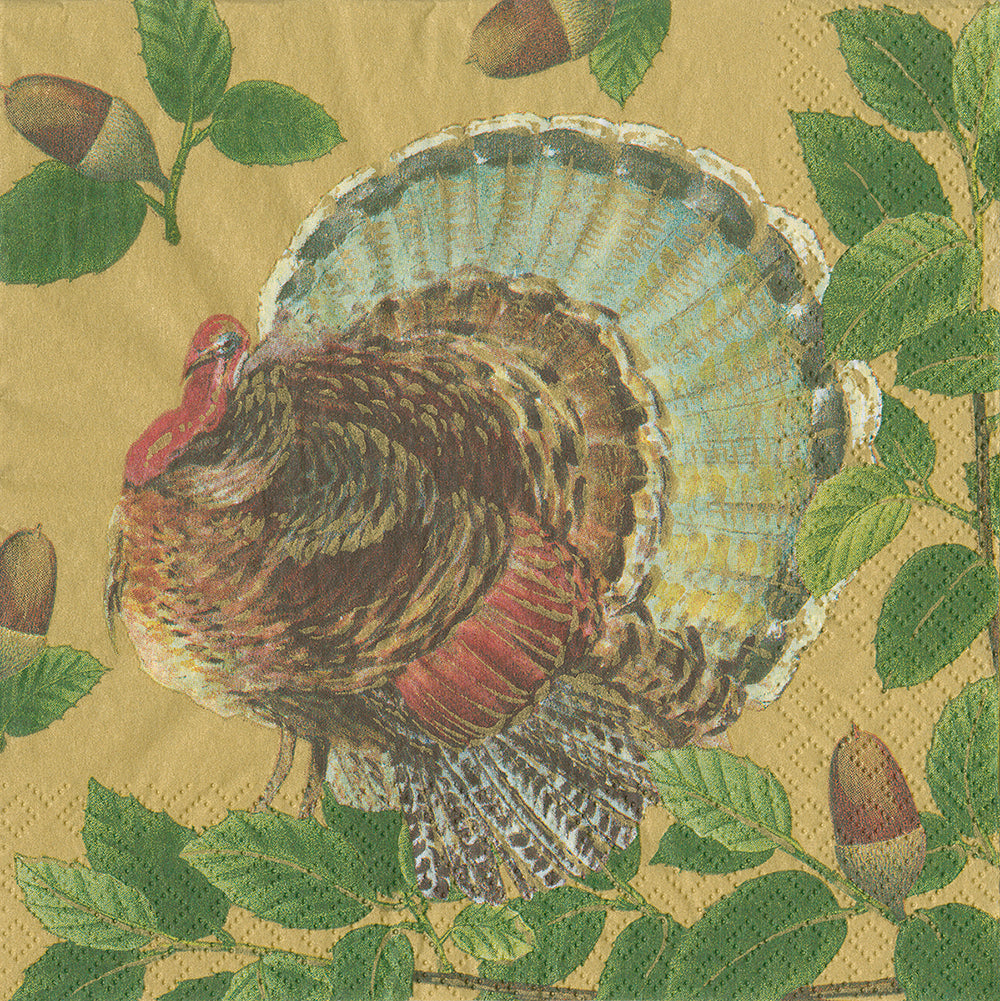 Turkey and Acorns by Pamela Gladding Gold Caspari Paper Lunch Napkins 33 cm sq 3 ply 20 pack