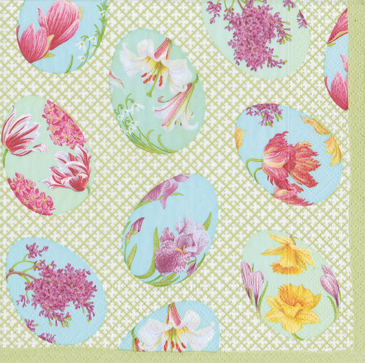 Floral Decorated Eggs Green Floral Easter Caspari Paper Lunch Napkins 33 cm sq 3 ply 20 pack