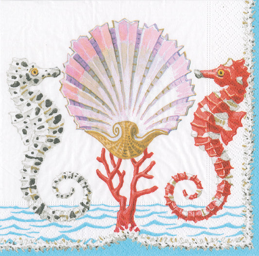 Seahorses and Shell Light Blue Caspari Paper Lunch Napkins 33 cm sq 3 ply 20 pack