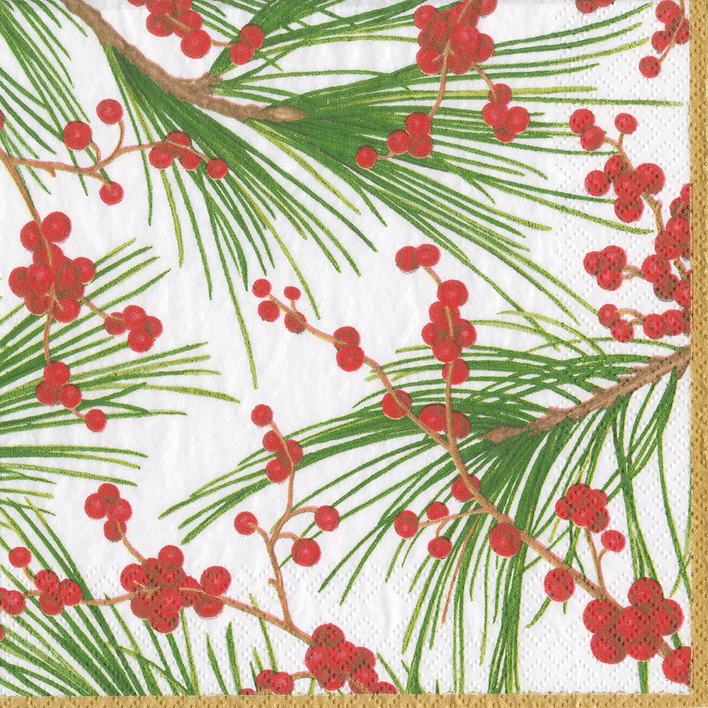 Berries and Pine by Karen Kluglein White Red Green Caspari Paper Lunch Napkins 33 cm sq 3 ply 20 pack