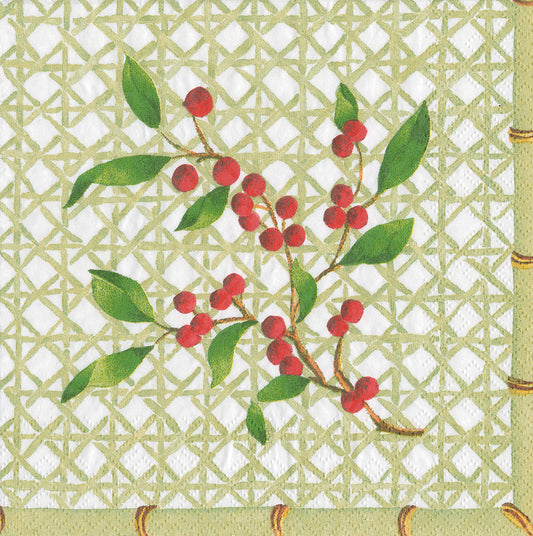 Holly on Trellis by Brigitte Murat Gold Red Berries Caspari Paper Lunch Napkins 33 cm sq 3 ply 20 pack