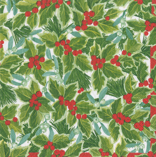 Holly and Mistletoe by Janine Moore Green Caspari Paper Lunch Napkins 33 cm sq 3 ply 20 pack