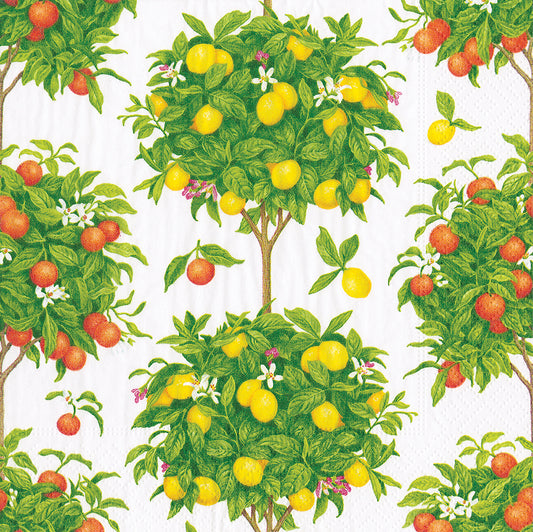 White Citrus Topiarie Lemons Oranges Caspari Paper Lunch Napkins 33 cm sq 3 ply 20 pack