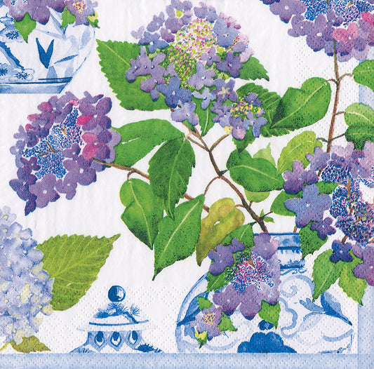 Hydrangeas & Porcelain Purple Flowers Caspari Paper Lunch Napkins 33 cm sq 3 ply 20 pack