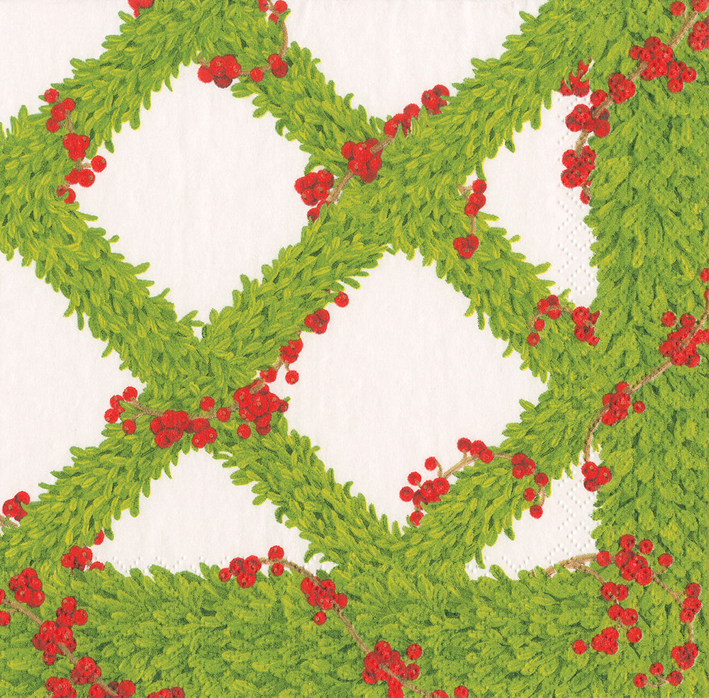 Boxwood Trellis by Karen Kluglein Green Leaves Berries Caspari Paper Lunch Napkins 33 cm sq 3 ply 20 pack