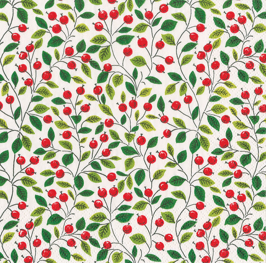 Berries and Leaves Red Green Caspari Paper Lunch Napkins 33 cm sq 3 ply 20 pack