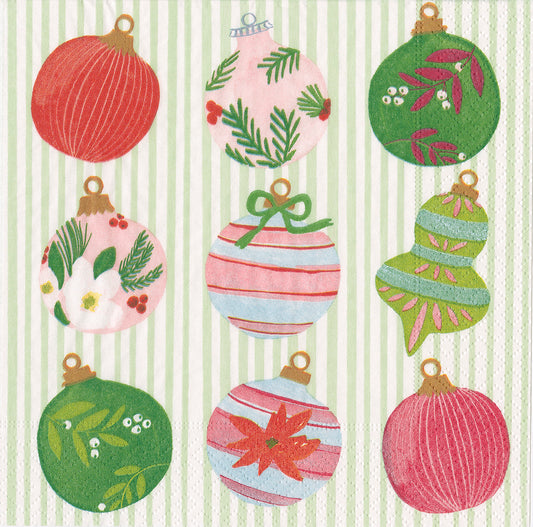 Painted Ornaments by Lindsay Bracken Green Striped Christmas Baubles Caspari Paper Lunch Napkins 33 cm sq 3 ply 20 pack