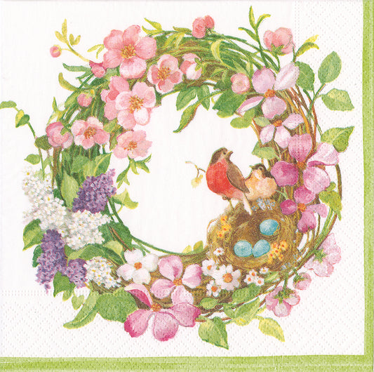 Spring Wreath Flowers Birds Caspari Paper Lunch Napkins 33 cm sq 3 ply 20 pack