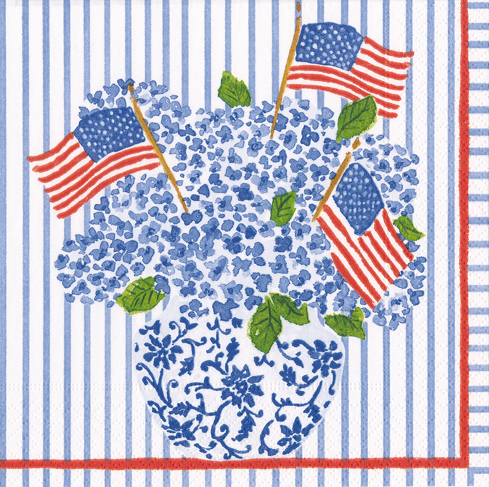 Flags & Hydrangeas Blue White Stripe Caspari Paper Lunch Napkins 33 cm sq 3 ply 20 pack