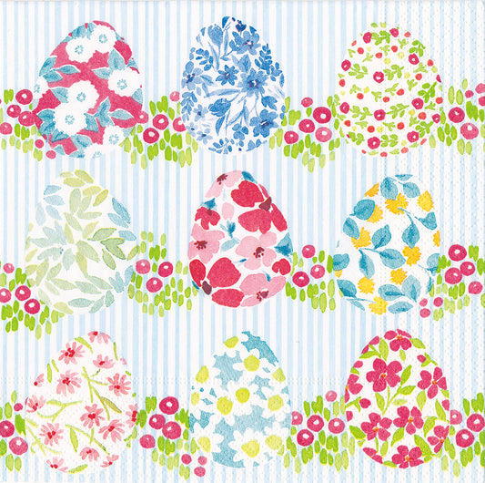 Floral Easter Eggs Blue White Stripe Caspari Paper Lunch Napkins 33 cm sq 3 ply 20 pack