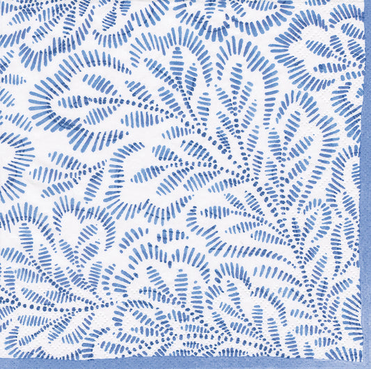 Blue Block Print Leaves Caspari Paper Lunch Napkins 33 cm sq 3 ply 20 pack