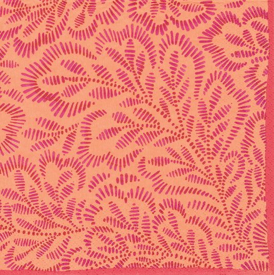 Fuchsia Orange Block Print Leaves Caspari Paper Lunch Napkins 33 cm sq 3 ply 20 pack