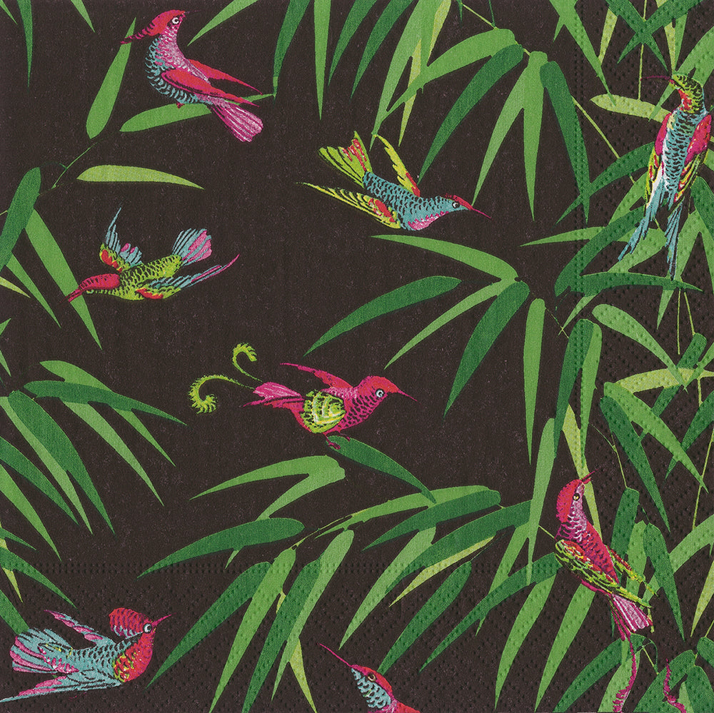 Black Birds In Paradise Pink Green Caspari Paper Lunch Napkins 33 cm sq 3 ply 20 pack