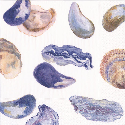 Oysters & Mussels White Blue Shells Caspari Paper Lunch Napkins 33 cm sq 3 ply 20 pack