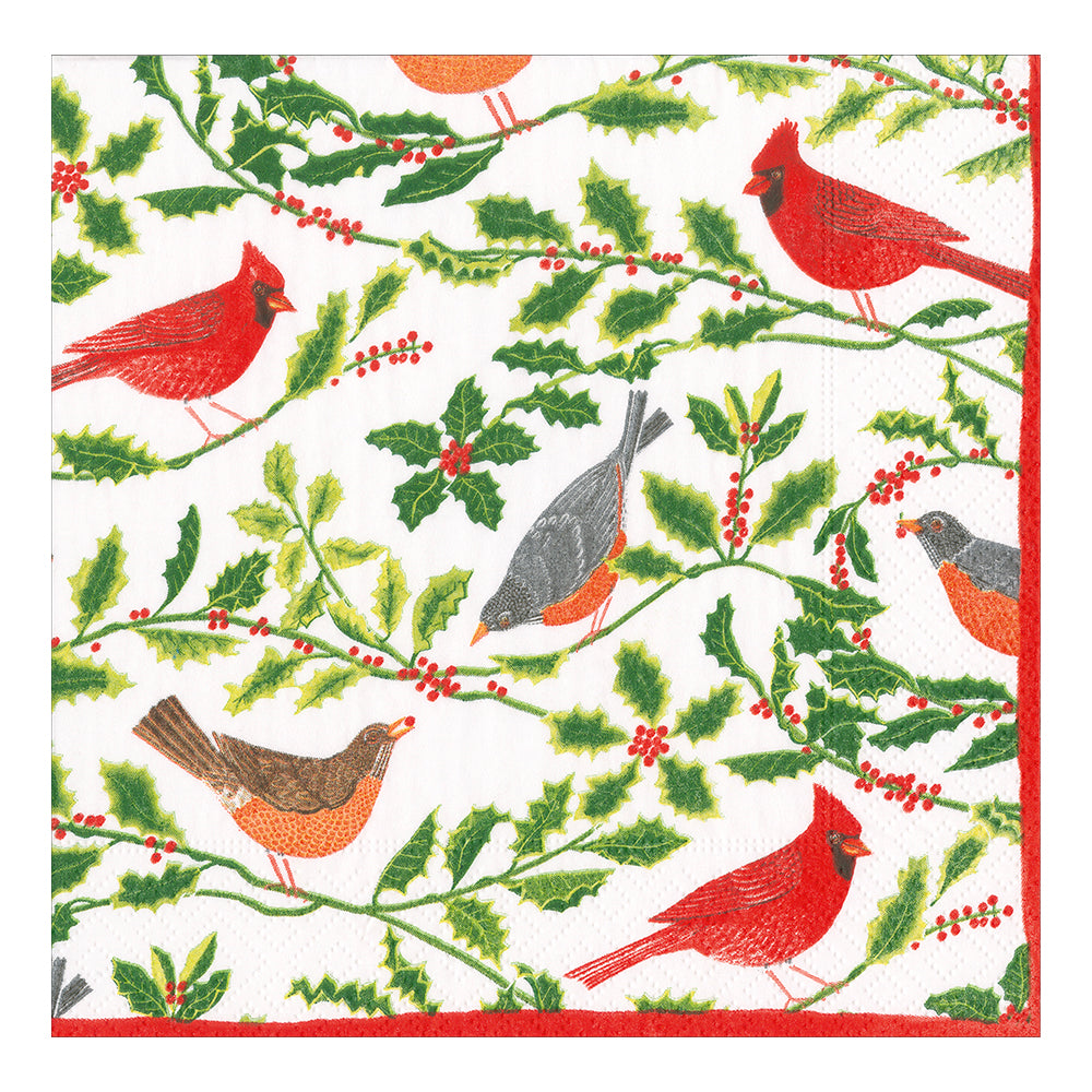 Songbirds and Holly White Christmas Caspari Paper Lunch Napkins 33 cm sq 3 ply 20 pack