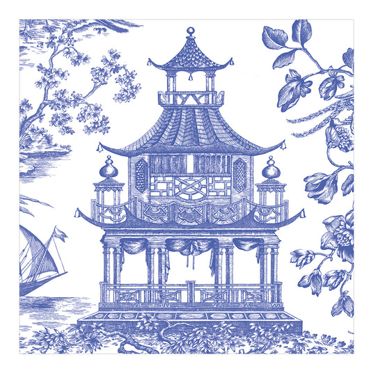 Chinoiserie Toile Pagoda Blue Caspari Paper Lunch Napkins 33 cm sq 3 ply 20 pack